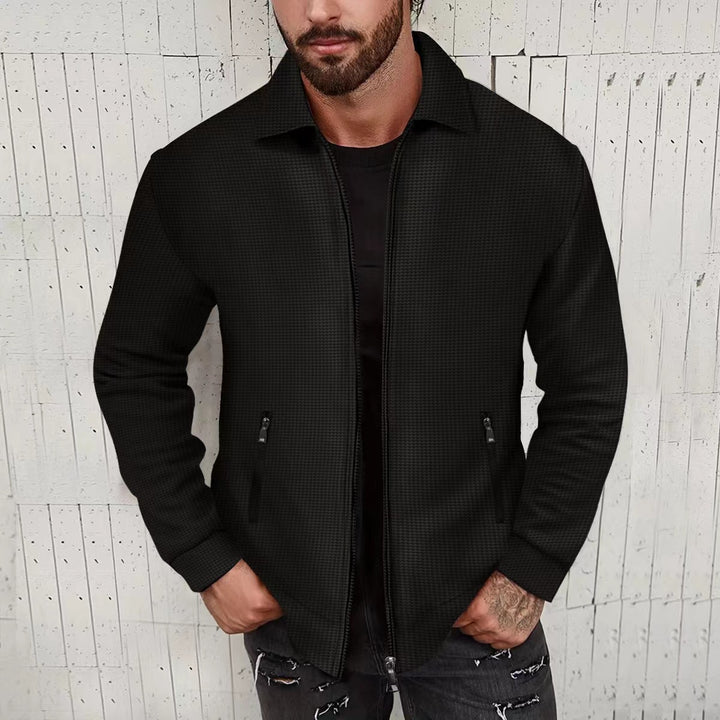 Herren minimalistische Stehkragen-Feinstrick-Übergangsjacke mit Zwei-Wege-Reißverschluss und verdeckten Reißverschlusstaschen – Taviero