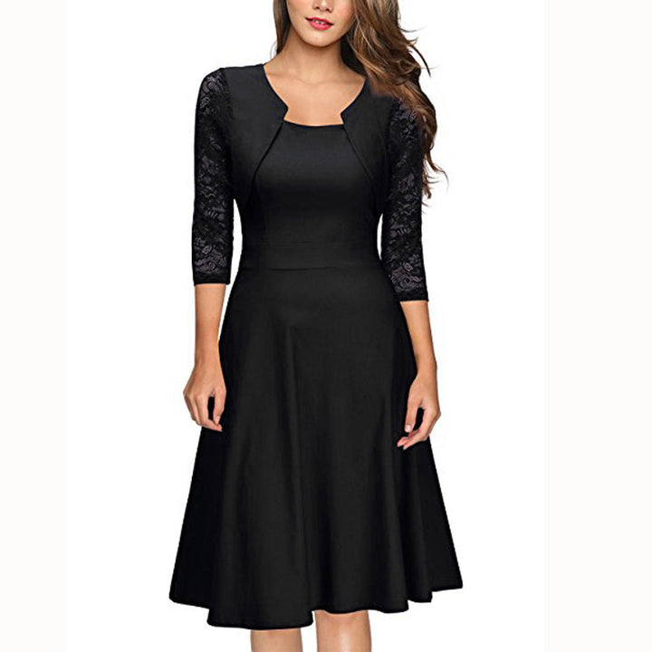 Damen Midi-Kleid mit Spitzenärmeln und schwingendem Rock Echoarchiv