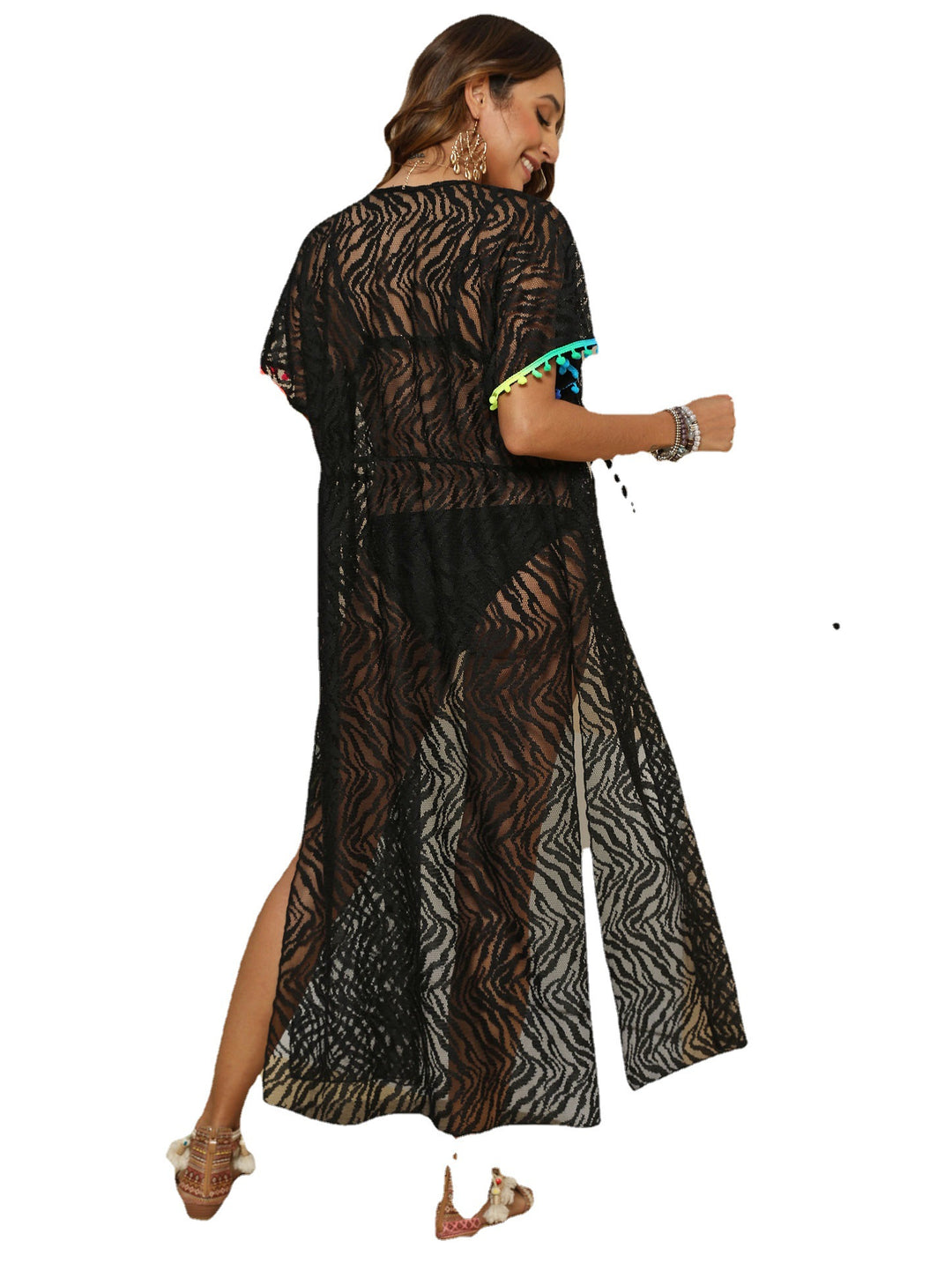 Damen transparenter Strandüberwurf mit eleganten Fransen Echo Archiv