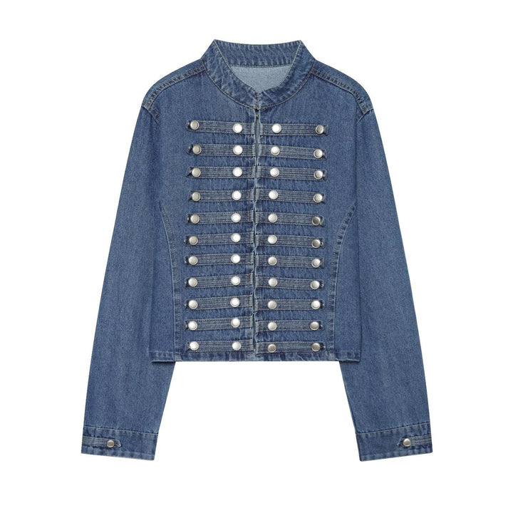 Damen Kurz geschnittene Denimjacke im Militärstil mit Stehkragen und Zierknopfreihen Echo Archiv