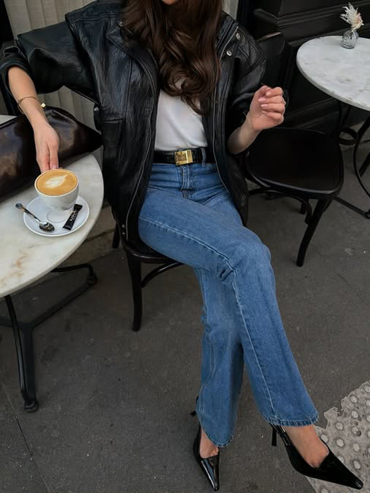Damen Gerade geschnittene Jeans mit hoher Taille, rohem Saum und leichtem Bootcut Echoarchiv