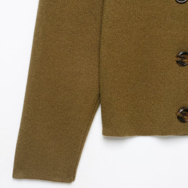 Damen Doppelreihige Cropped Strickjacke mit Stehkragen Echoarchiv