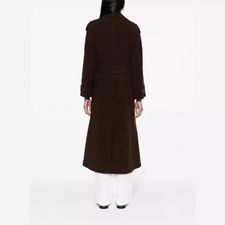 Damen Bodenlanger Doppelreihiger Trenchcoat aus Wollmix mit Schulterpatten und verdecktem Taillengürtel Echoarchiv