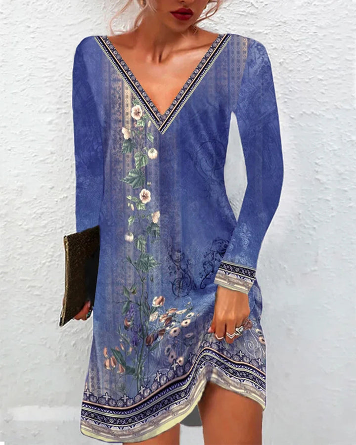 Frauen Floral V-Ausschnitt Tunika Kleid mit Border Print und langen Ärmeln – Lunéa