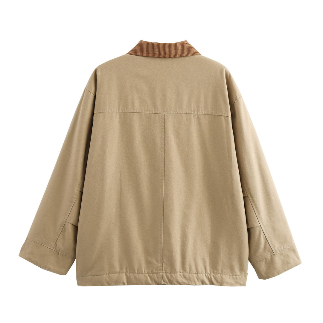 Damen oversized Utility-Jacke mit Cordkragen, Pattentaschen und Knopfverschluss – Célinea