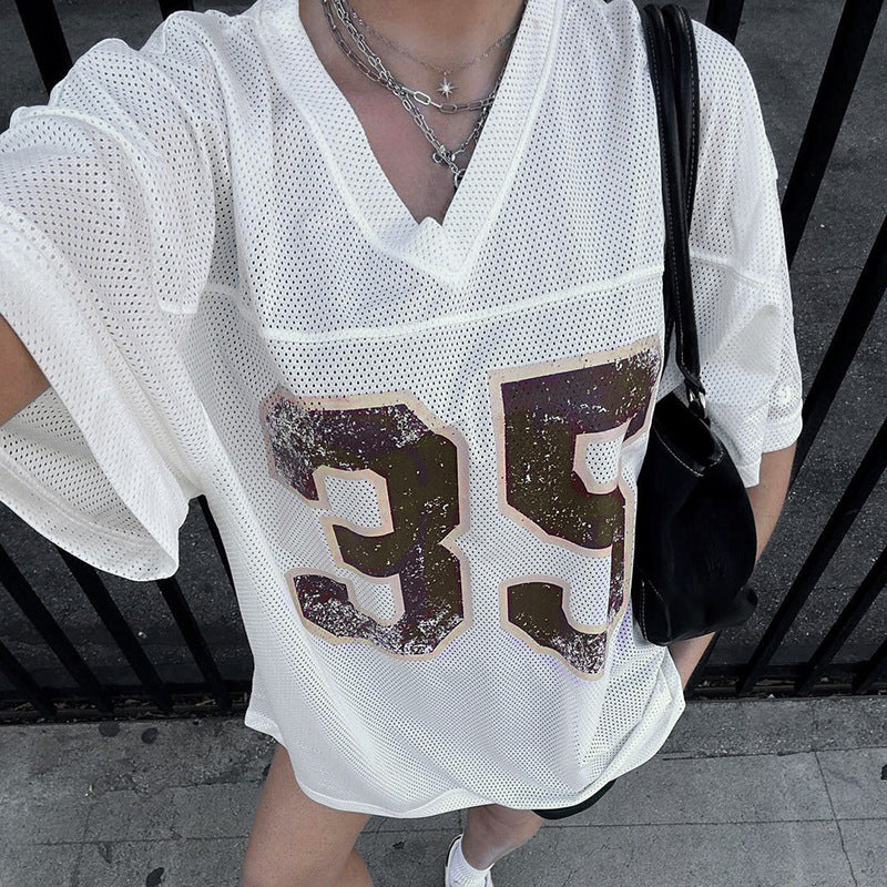 Damen sportliches Football-Trikot mit klassischem V-Ausschnitt und großen Druckzahlen Echo Archiv