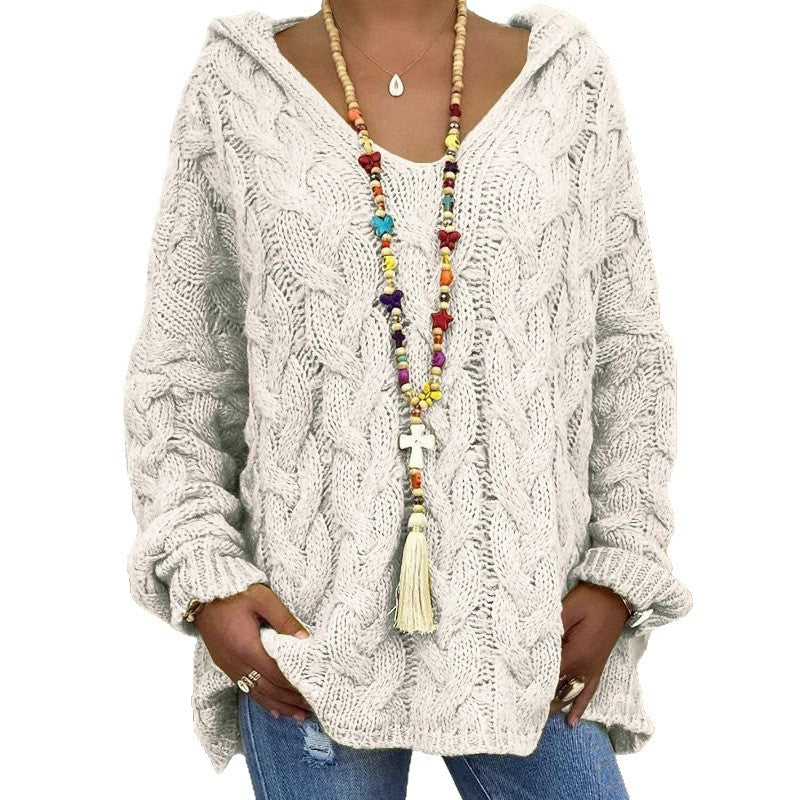 Damen Oversized Zopfmuster-Strickpullover mit Kapuze und lässigem V‑Ausschnitt Echo Archiv