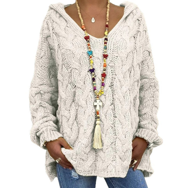 Damen Oversized Zopfmuster-Strickpullover mit Kapuze und lässigem V‑Ausschnitt Echo Archiv