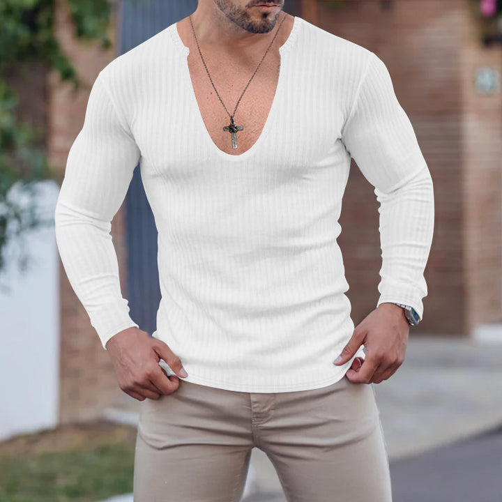 Herren langarm V-Ausschnitt Shirt mit strukturiertem Design Echoarchiv