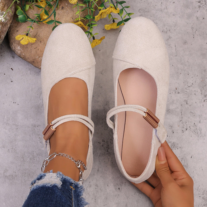 Damen flache Mary-Jane Ballerinas aus Veloursimitat mit elastischem Zierband und gepolsterter Komfortinnensohle – Lioré