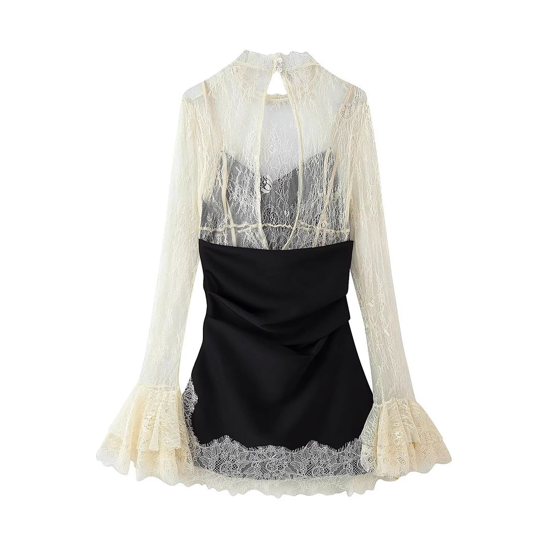 Damen Elegantes Slipkleid mit Spitzen-Overlay, Stehkragen und Volantärmeln Echoarchiv