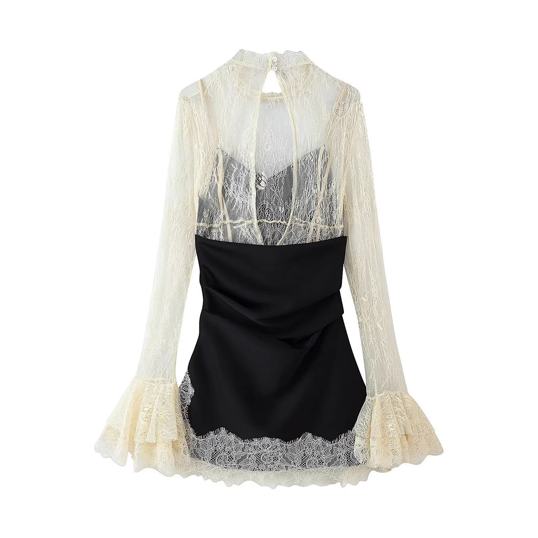 Damen Elegantes Slipkleid mit Spitzen-Overlay, Stehkragen und Volantärmeln Echoarchiv