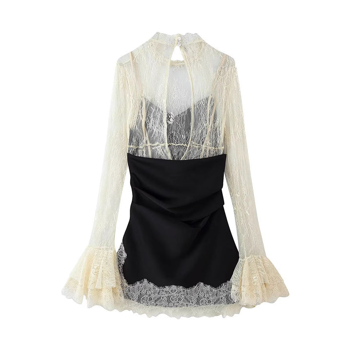 Damen Elegantes Slipkleid mit Spitzen-Overlay, Stehkragen und Volantärmeln Echoarchiv