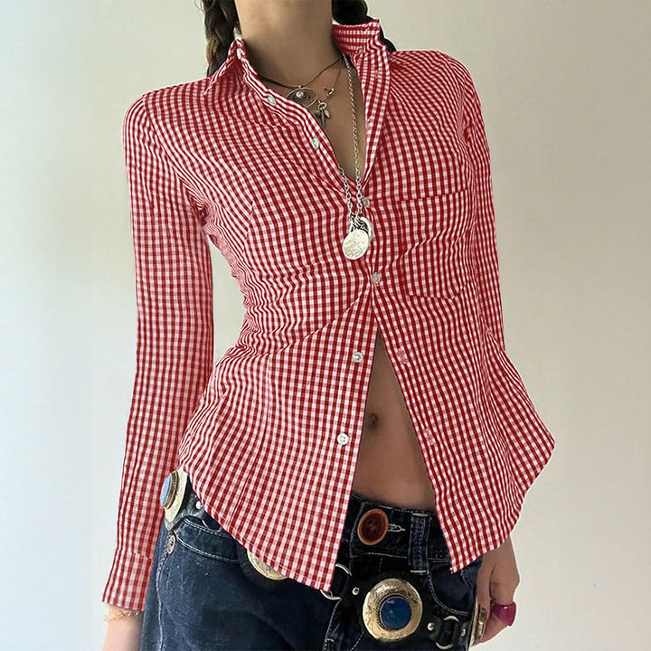 Damen taillierte Karobluse mit Hemdkragen, durchgehender Knopfleiste und geschwungenem Saum – Élovi
