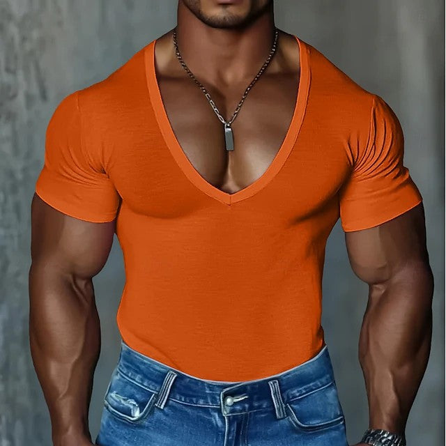 Herren Figurbetontes V-Ausschnitt T-Shirt aus leichtem Baumwollmix Echoarchiv