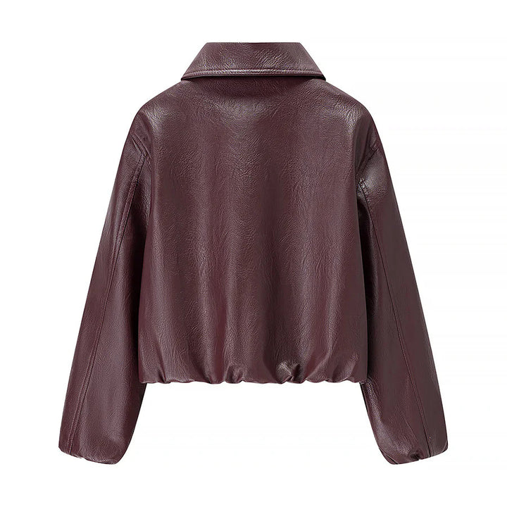 Damen cropped Glanz-Kunstlederjacke im Bomberstil mit Hemdkragen und elastischem Saum – Avenza
