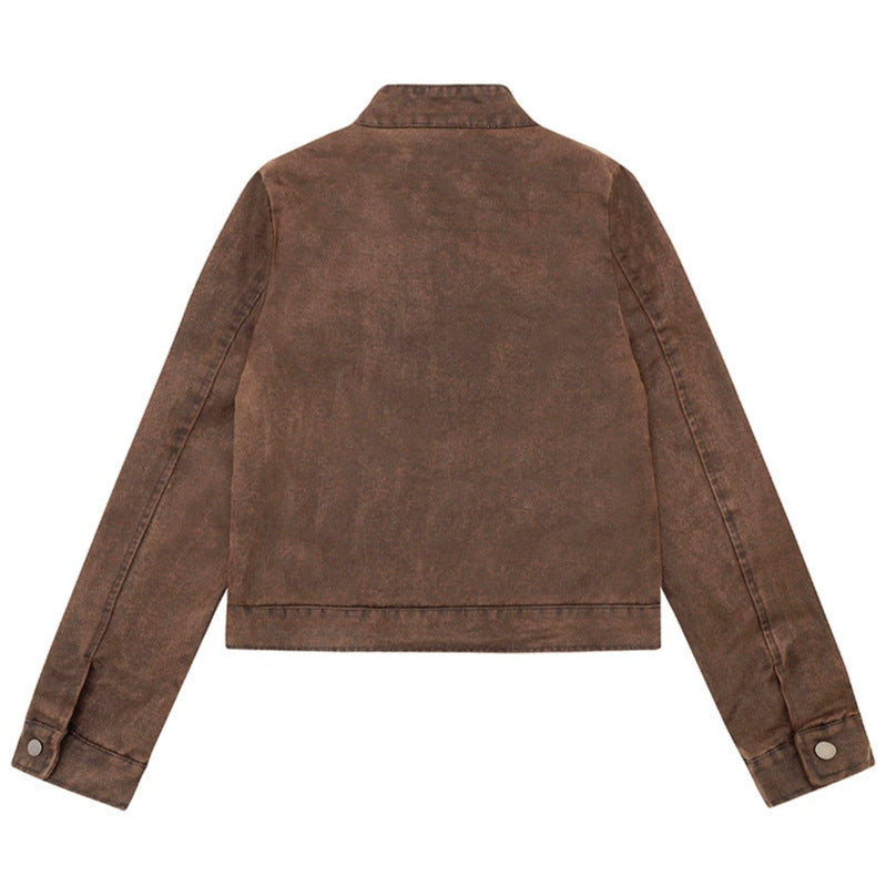 Damen kurze Bikerjacke aus Vintage‑Lederoptik mit Stehkragen und Brustzipper Echoarchiv
