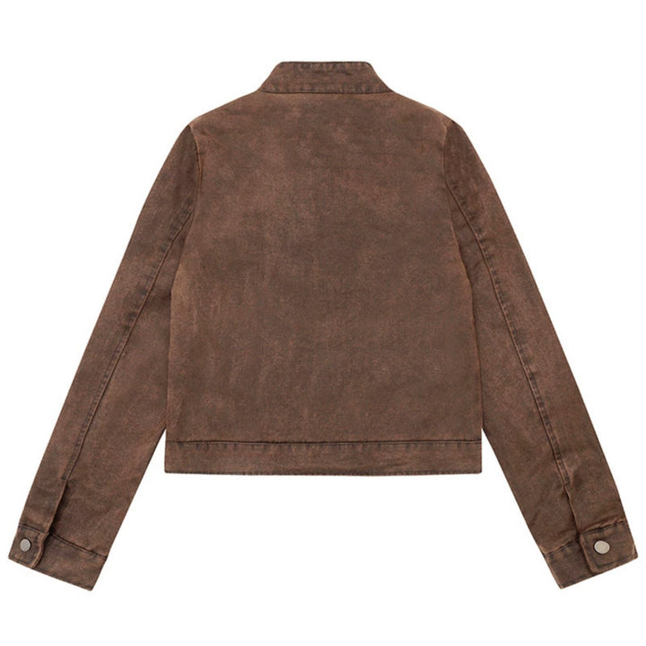 Damen kurze Bikerjacke aus Vintage‑Lederoptik mit Stehkragen und Brustzipper Echoarchiv