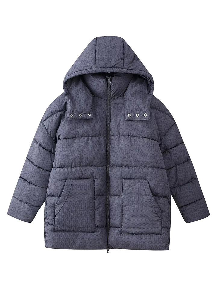 Damen gesteppte Kapuzenjacke mit grafischem Steppmuster, zweiwege Reißverschluss und oversized Taschen – Célinea
