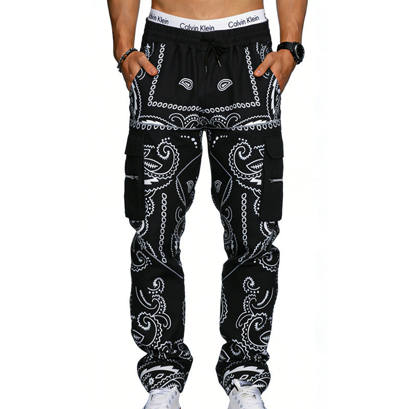 Herren Cargo-Hose mit Bandana-Print, elastischem Bund und Zipper-Taschen – Bravaro
