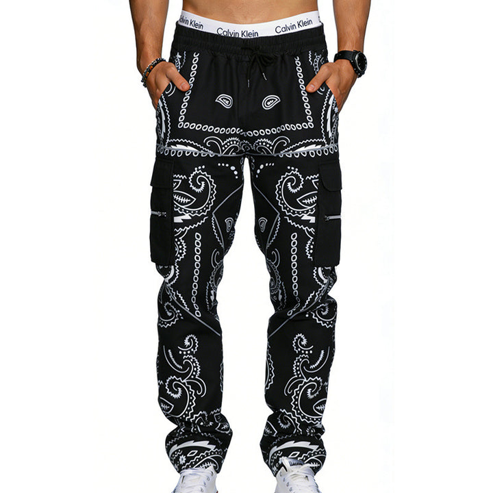 Herren Cargo-Hose mit Bandana-Print, elastischem Bund und Zipper-Taschen – Bravaro