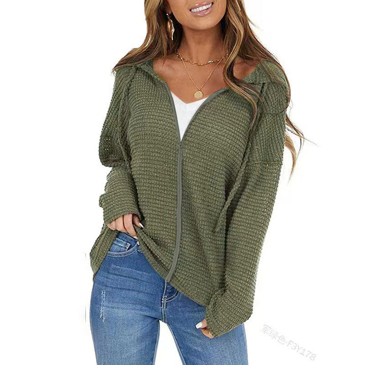 Damen Oversize Waffelstrick-Kapuzenpullover mit Reißverschluss Echoarchiv