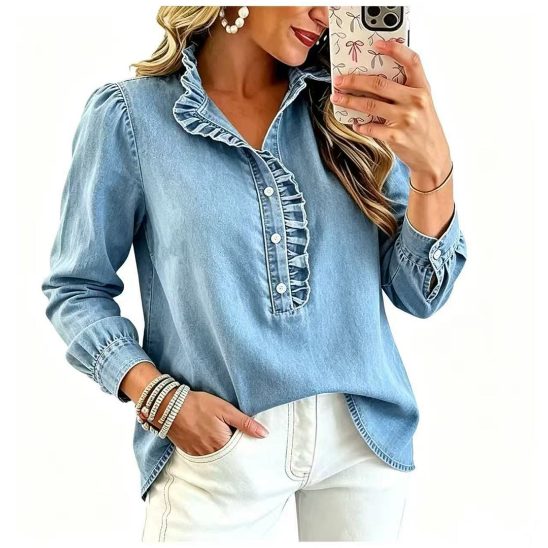 Damen Denim-Bluse mit Rüschenkragen und Puffärmeln Echo Archiv