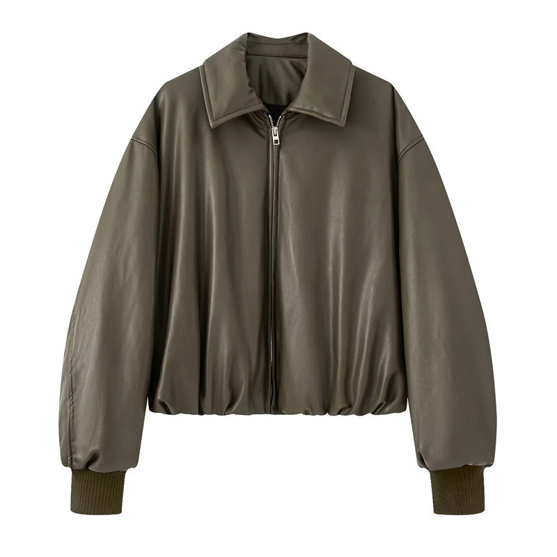 Damen nan gepolsterte Cropped Kunstleder-Bomberjacke mit Hemdkragen elastischem Saum und Rippbündchen Echo Archiv