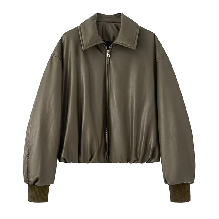 Damen nan gepolsterte Cropped Kunstleder-Bomberjacke mit Hemdkragen elastischem Saum und Rippbündchen Echo Archiv