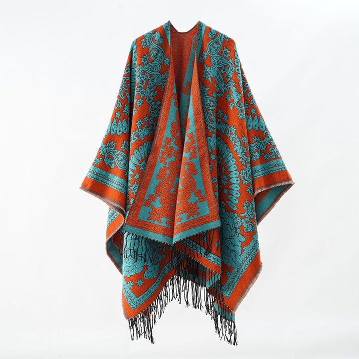 Damen Jacquard-Umhangponcho aus Wollmix mit beidseitigem Paisley-Jacquard und Fransen – Célinea