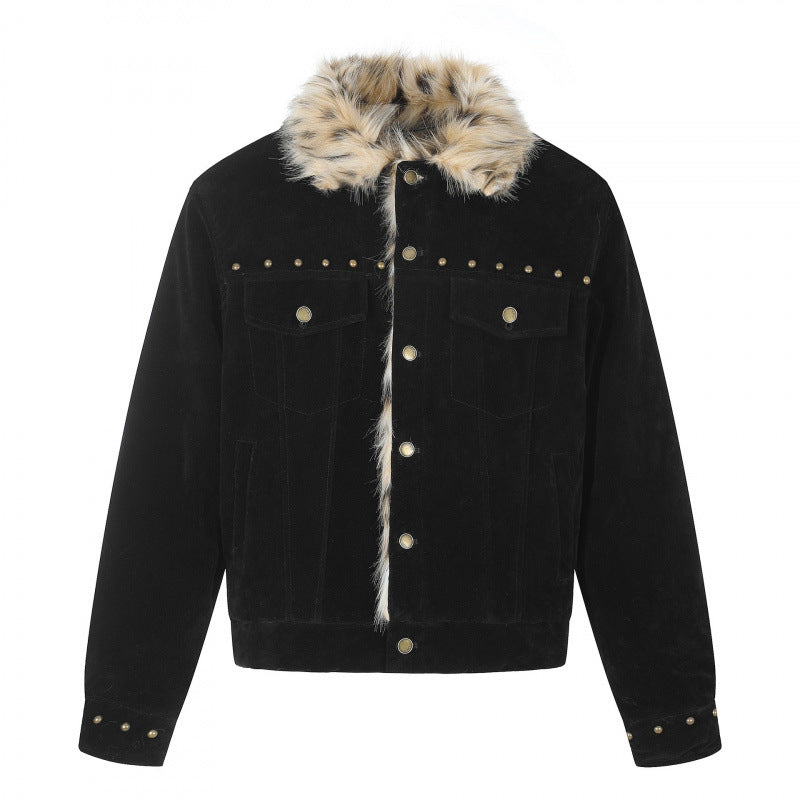 Herren Kurzjacke aus Velourslederimitat mit Kunstfellkragen und Nieten-Details Echo Archiv