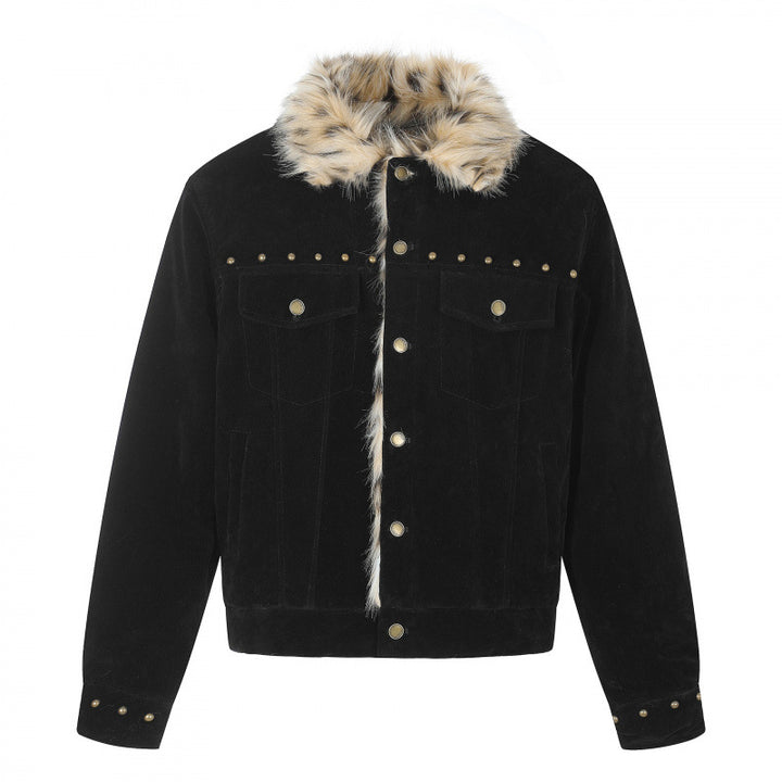 Herren Kurzjacke aus Velourslederimitat mit Kunstfellkragen und Nieten-Details Echo Archiv