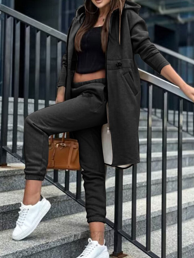 Damen Kapuzenmantel und High-Waist Jogginghose Lounge-Set – Montévia