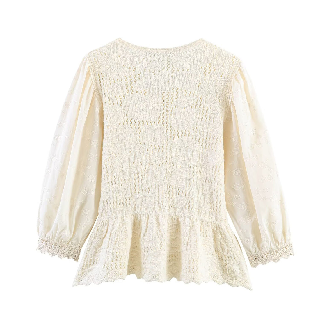 Damen Strickbluse mit Knopfreihe, Spitzenmanschetten und Volant‑Peplum Echoarchiv