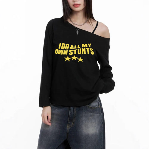 Damen nan lässiges asymmetrisches Off-Shoulder Langarmshirt mit auffälligem Statement-Print und lockerer Oversize-Passform Echo Archiv