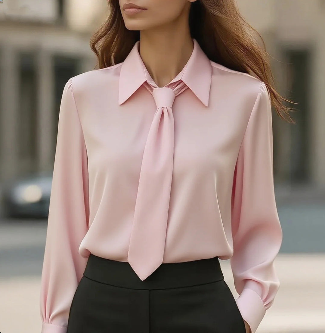 Damen Seidige Business Bluse mit Hemdkragen und integrierter Schleife Echoarchiv