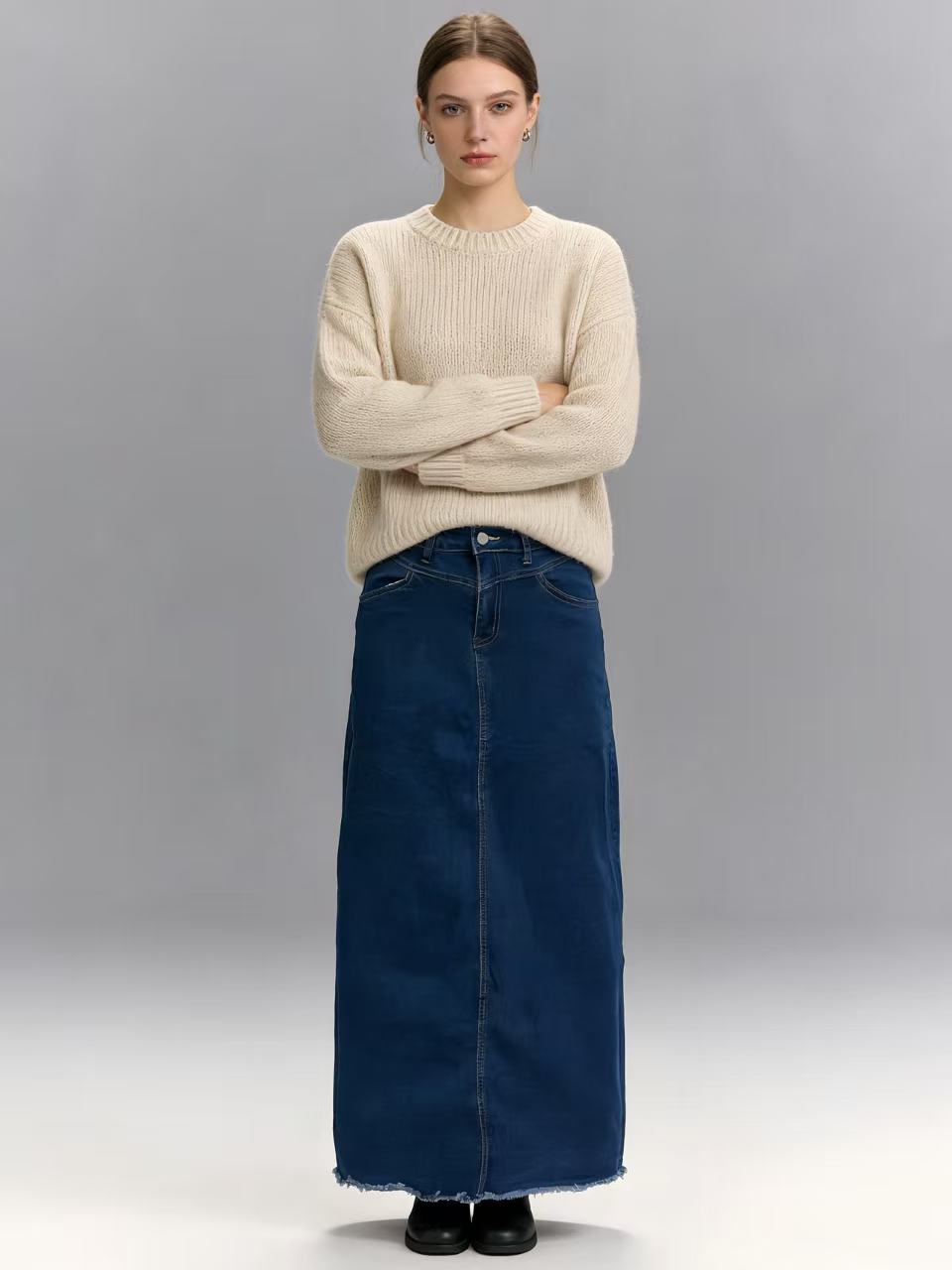 Damen nan langer High-Waist Denim-Maxirock mit gerader Silhouette und rohem Saum Echo Archiv