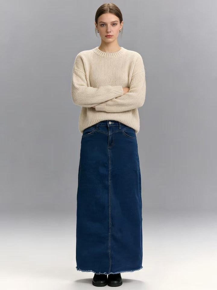 Damen nan langer High-Waist Denim-Maxirock mit gerader Silhouette und rohem Saum Echo Archiv