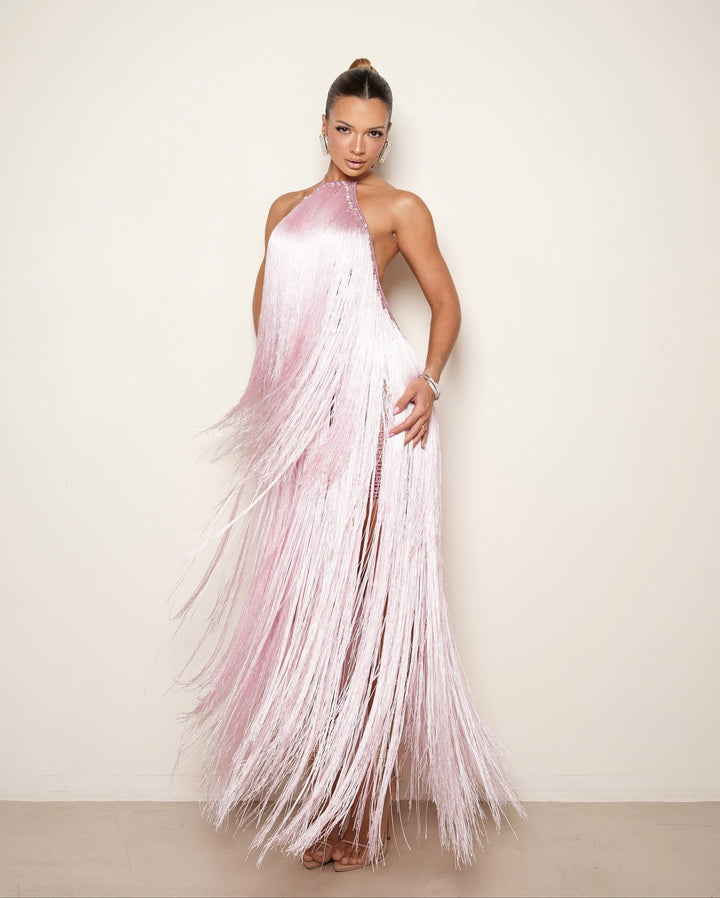 Damen Fransen Maxikleid mit hochgeschlossenem Design und schimmernden Effekten Echo Archiv