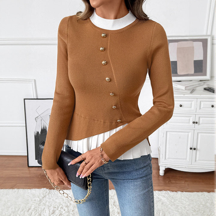 Damen Figurbetonter Strickpullover mit asymmetrischer Knopfleiste und Plissee-Layer Echoarchiv