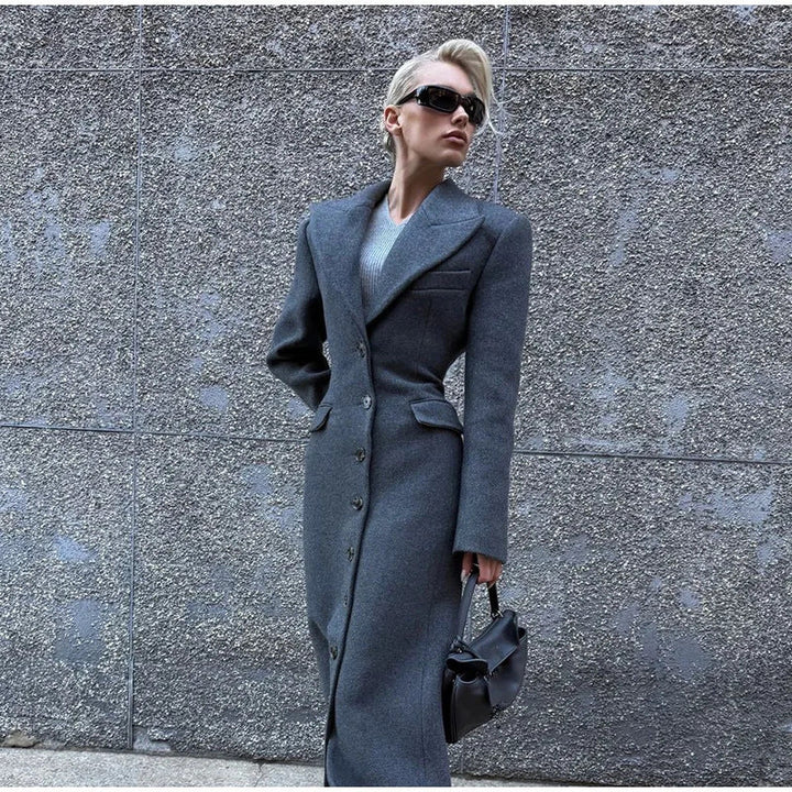 Damen Eleganter Wollmantel mit tailliertem Schnitt und langen Ärmeln Echoarchiv