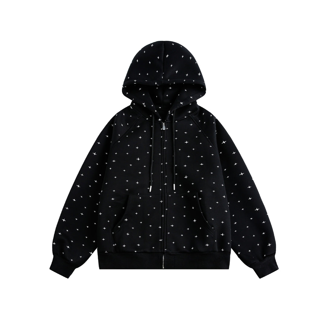 Unisex Oversize-Kapuzenjacke mit Sternchen-Print und durchgehendem Reißverschluss Echoarchiv