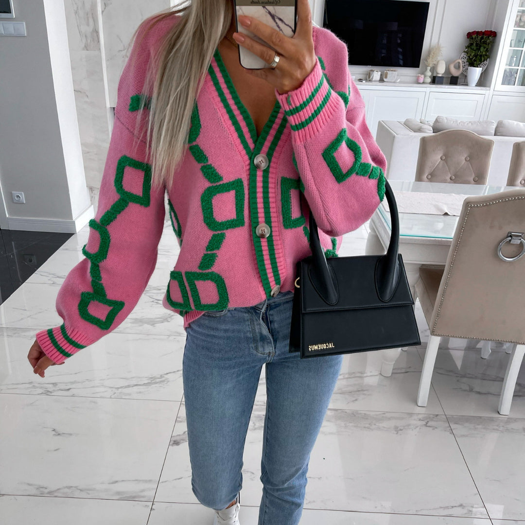 Damen Grobstrick-Cardigan mit 3D-Strukturmotiv, V‑Ausschnitt und Knopfleiste – Veloura
