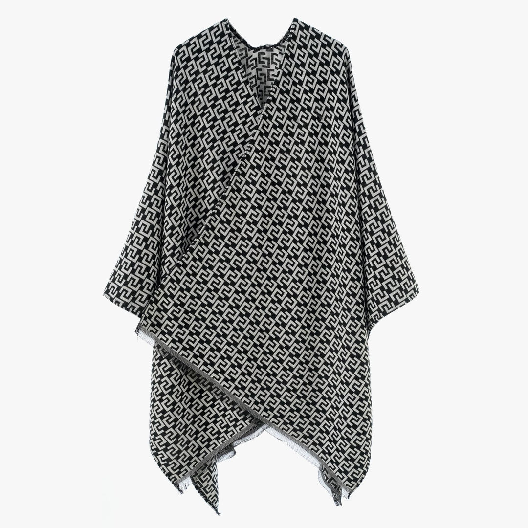 Damen Gewebter Jacquard‑Wickelponcho mit geometrischem Allovermuster und feinem Fransensaum – Célinea