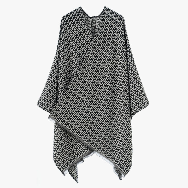Damen Gewebter Jacquard‑Wickelponcho mit geometrischem Allovermuster und feinem Fransensaum – Célinea