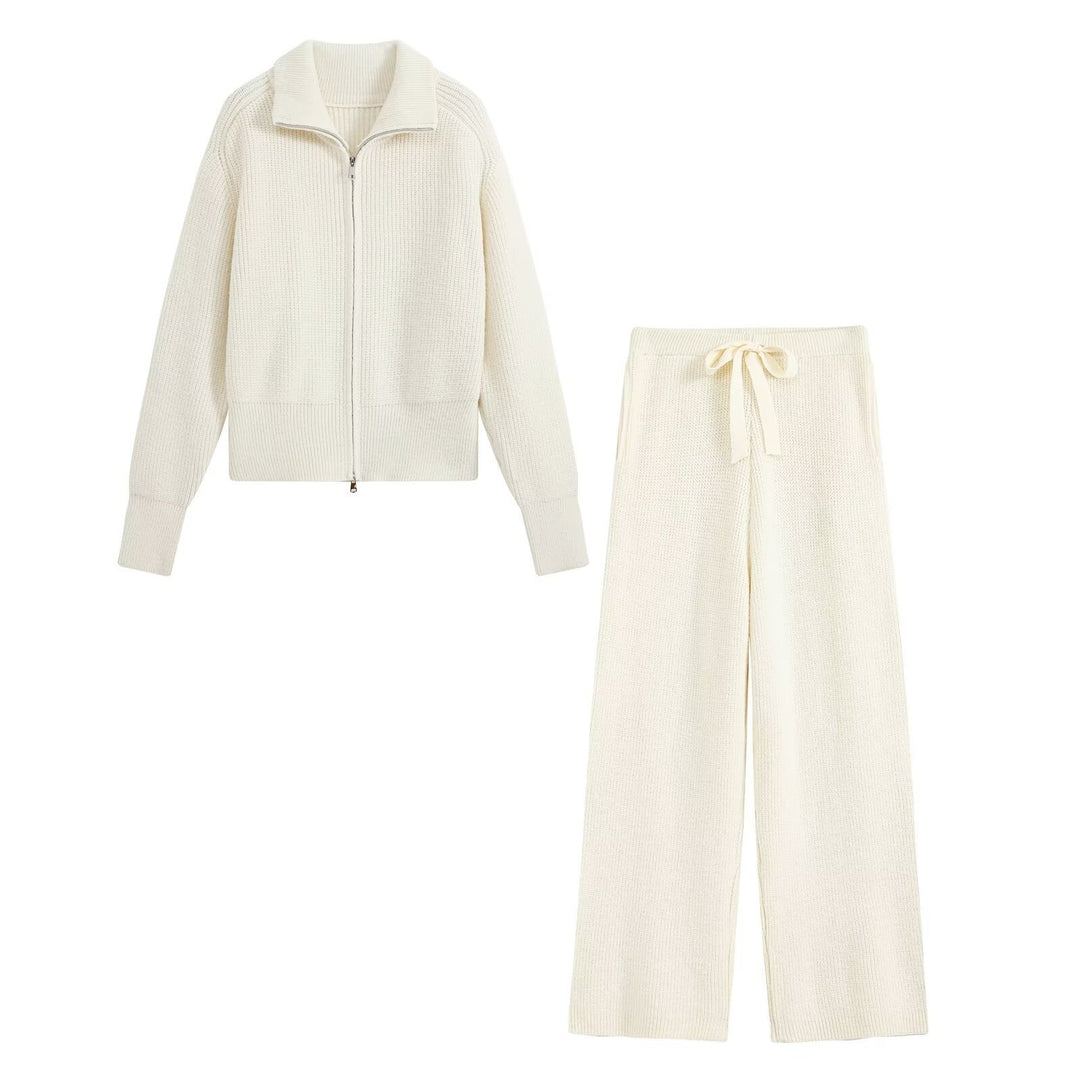 Damen Feinstrukturiertes Strick-Set mit Zipp-Cardigan und weiter Hose Echoarchiv