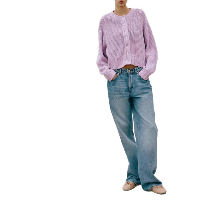 Damen Lockere Cropped-Strickjacke mit Knopfleiste und offener Struktur – Veloura