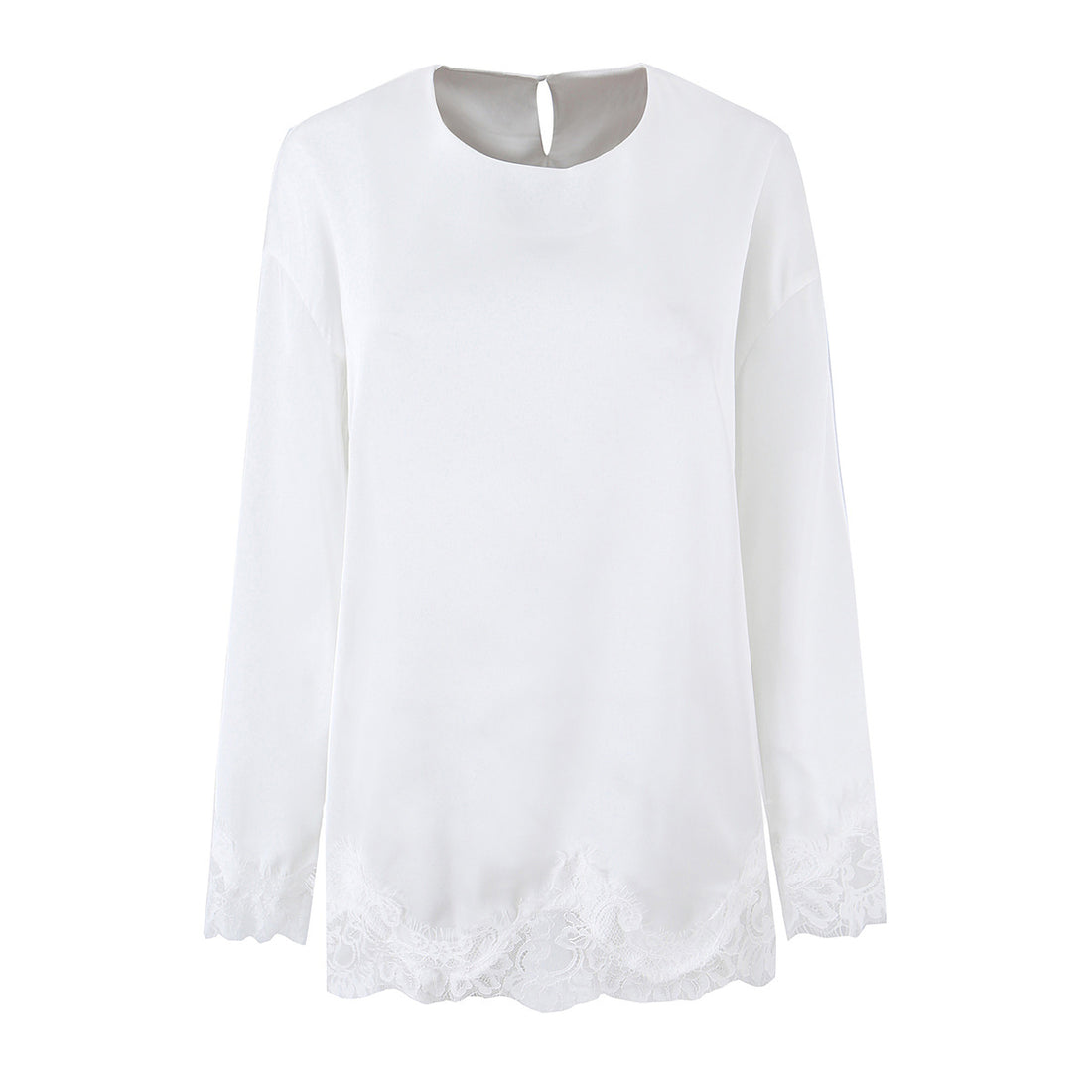 Damen Seidiges Langarmshirt mit Spitzenbesatz am Saum und Manschetten Echoarchiv