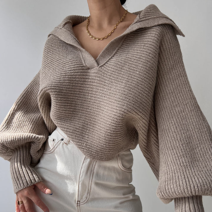 Damen nan Grobstrick-Pullover mit weitem Kragen und V-Ausschnitt Echo Archiv