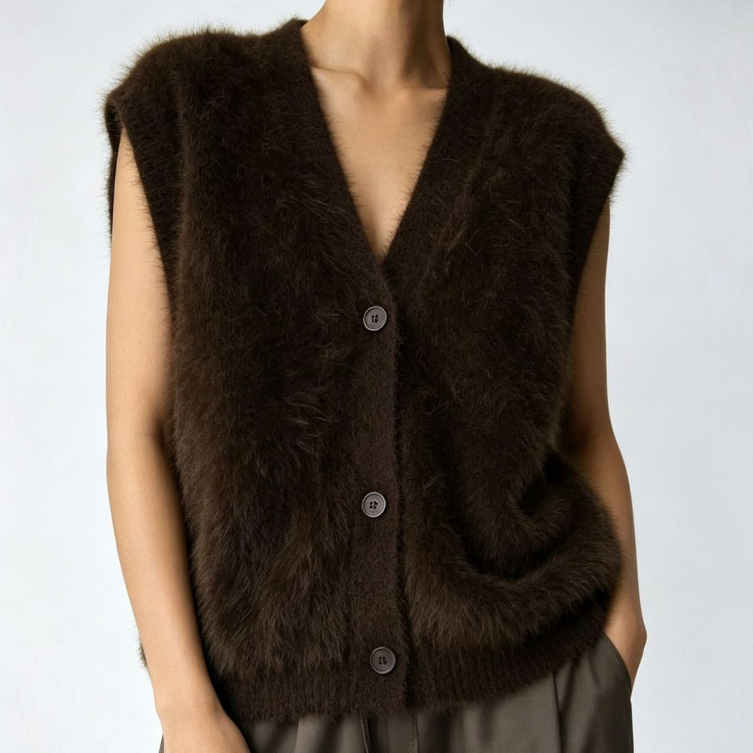Damen Flauschige ärmellose Knopf‑Weste aus Mohairmix mit tiefem V-Ausschnitt – Veloura